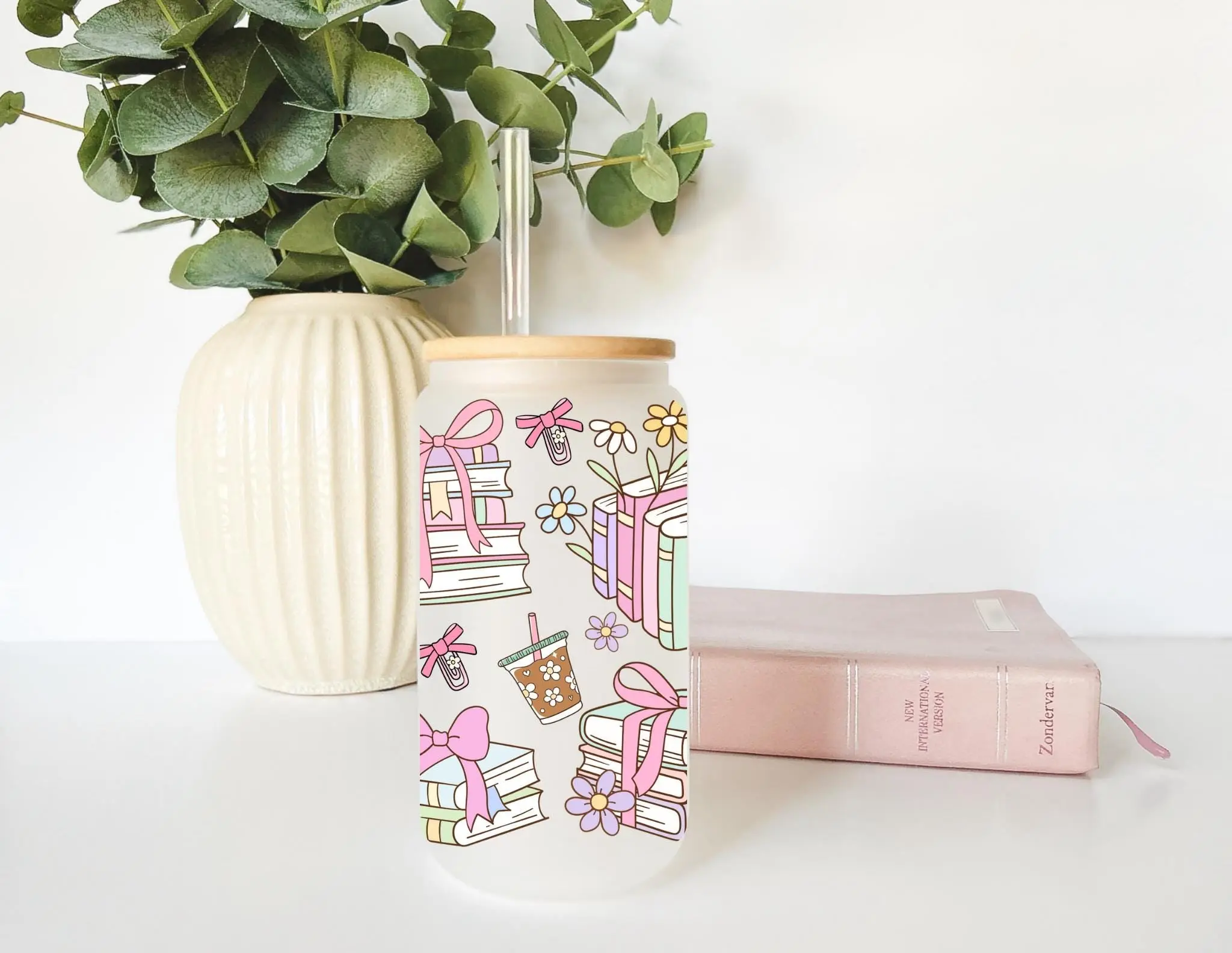 Pastel Coffee Books Glass Tumbler, Pink Bow Reading Gift, 16oz Libbey (Frosted or Clear)