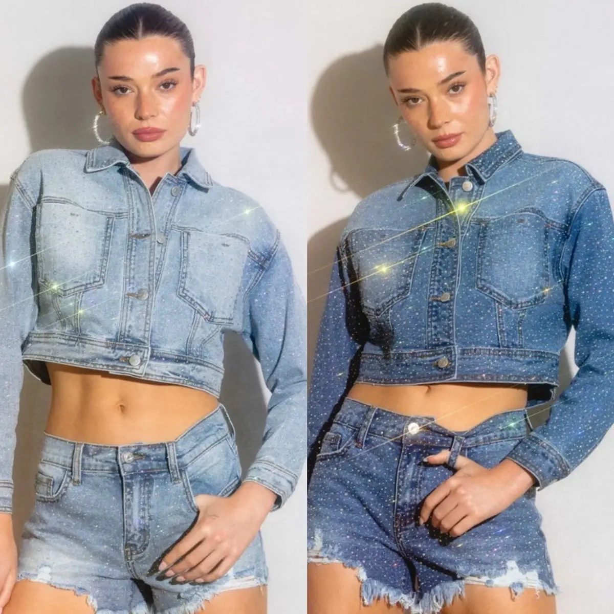 Rhinestone Cropped Denim Jacket