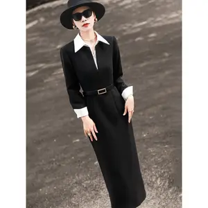 Lanser 2025 Autumn New Fashionable Commuting Design, Medium to Long Style, Contrasting Color Shirt, Collar, Black Suit Skirt, Female