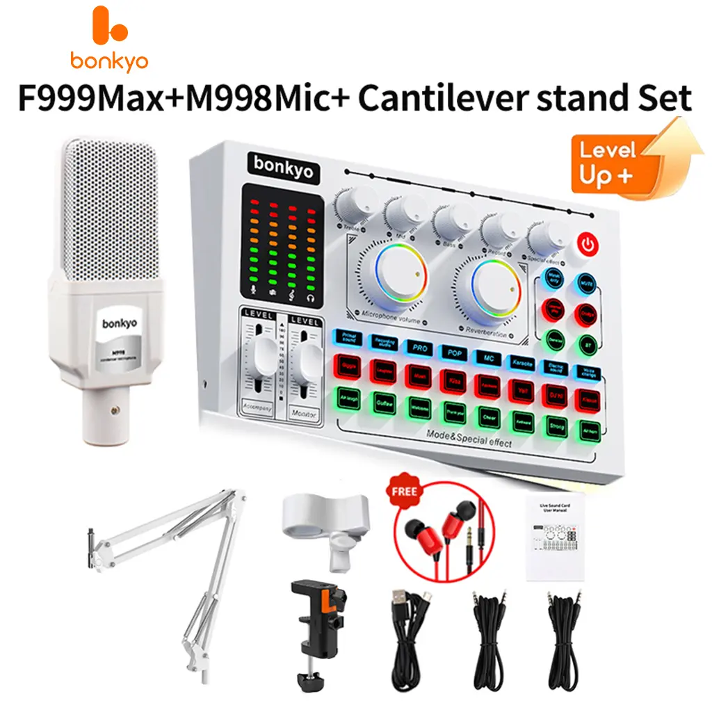 Bonkyo Audio Mixer F999MAX with M999Mic - Comprehensive Live Sound Card for Seamless Streaming, Bluetooth Connectivity, and User-Friendly Functionality, Black Smartphone