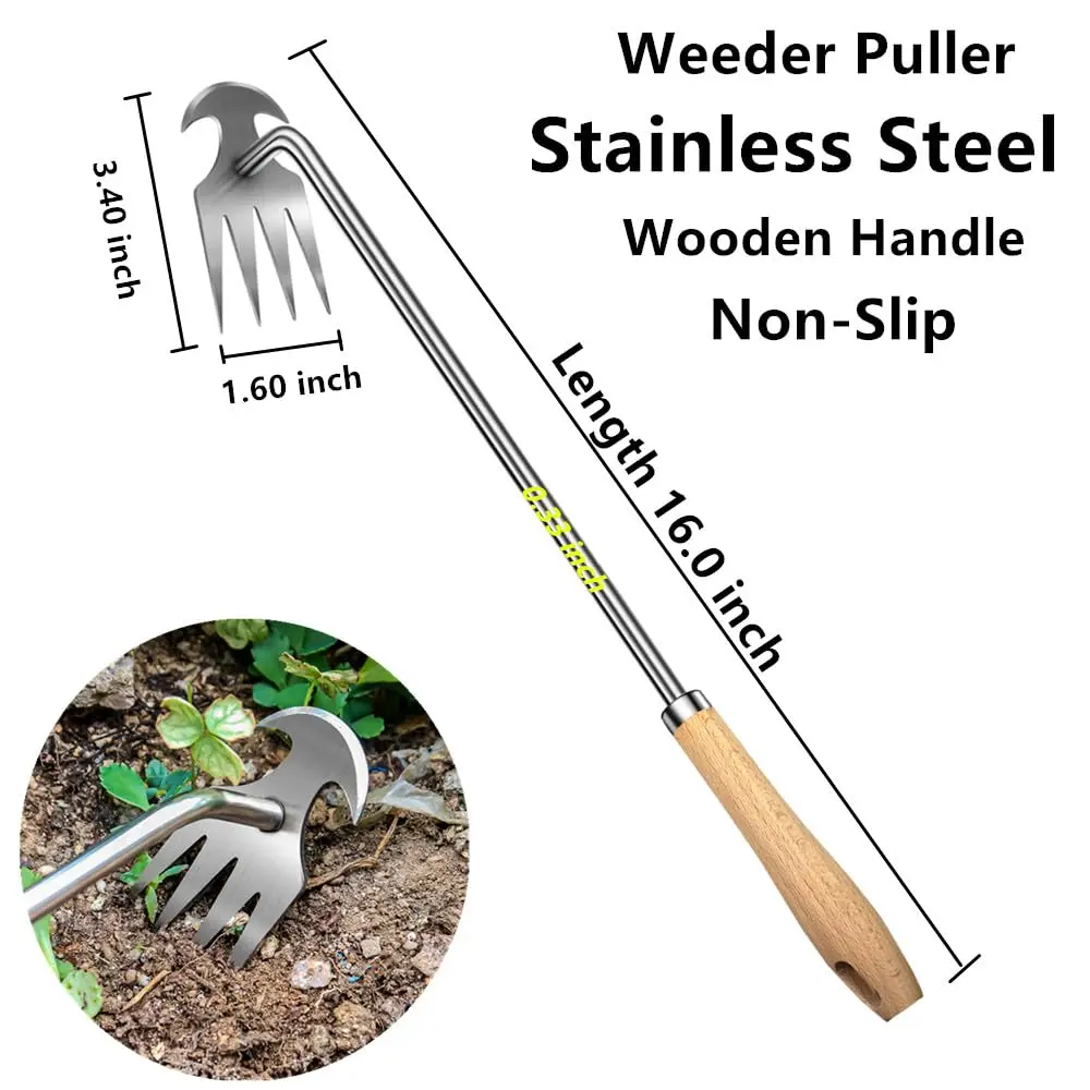 2 Pack Stainless Steel Weed Puller Tool with Wooden Handle, 2 in 1 Hand Weeder Rake, Ergonomic Manual Garden Weeding Tool for Lawn, Flower Bed, Farm Planting Weed Removal