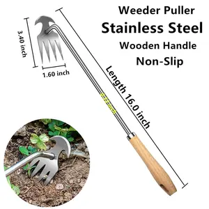 2 Pack Stainless Steel Weed Puller Tool with Wooden Handle, 2 in 1 Hand Weeder Rake, Ergonomic Manual Garden Weeding Tool for Lawn, Flower Bed, Farm Planting Weed Removal