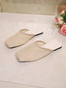 Mesh Mule Slippers, Sparkling Full Rhinestones, Square Toe Design, Low Heel, Breathable and Stylish, Versatile for Various