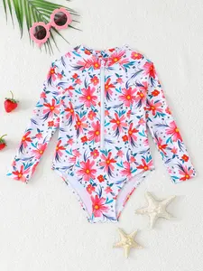 Girls Floral Print Round Neck Zipper One-Piece Swimsuit, Perfect for Beach Vacation and Summer Fun, Fashionable Swimwear, Toddler Swimsuit