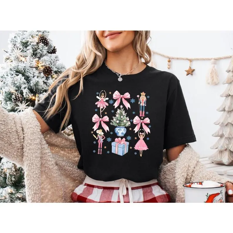 Nutcracker Ballet Christmas T-Shirt, Women's Holiday Shirt, Nutcracker Coquette Bow Shirt, Festive Holiday Shirt, Christmas Party Shirts
