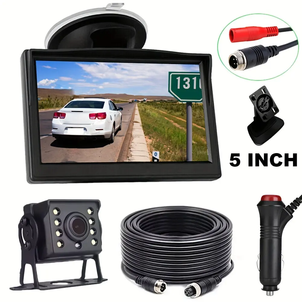 1SET Car Rear View Backup Camera Kit 5 inch Monitor 10m 4Pin for RV Bus Truck 12V/24V with Double Mount Easy Installation Rearview Camera