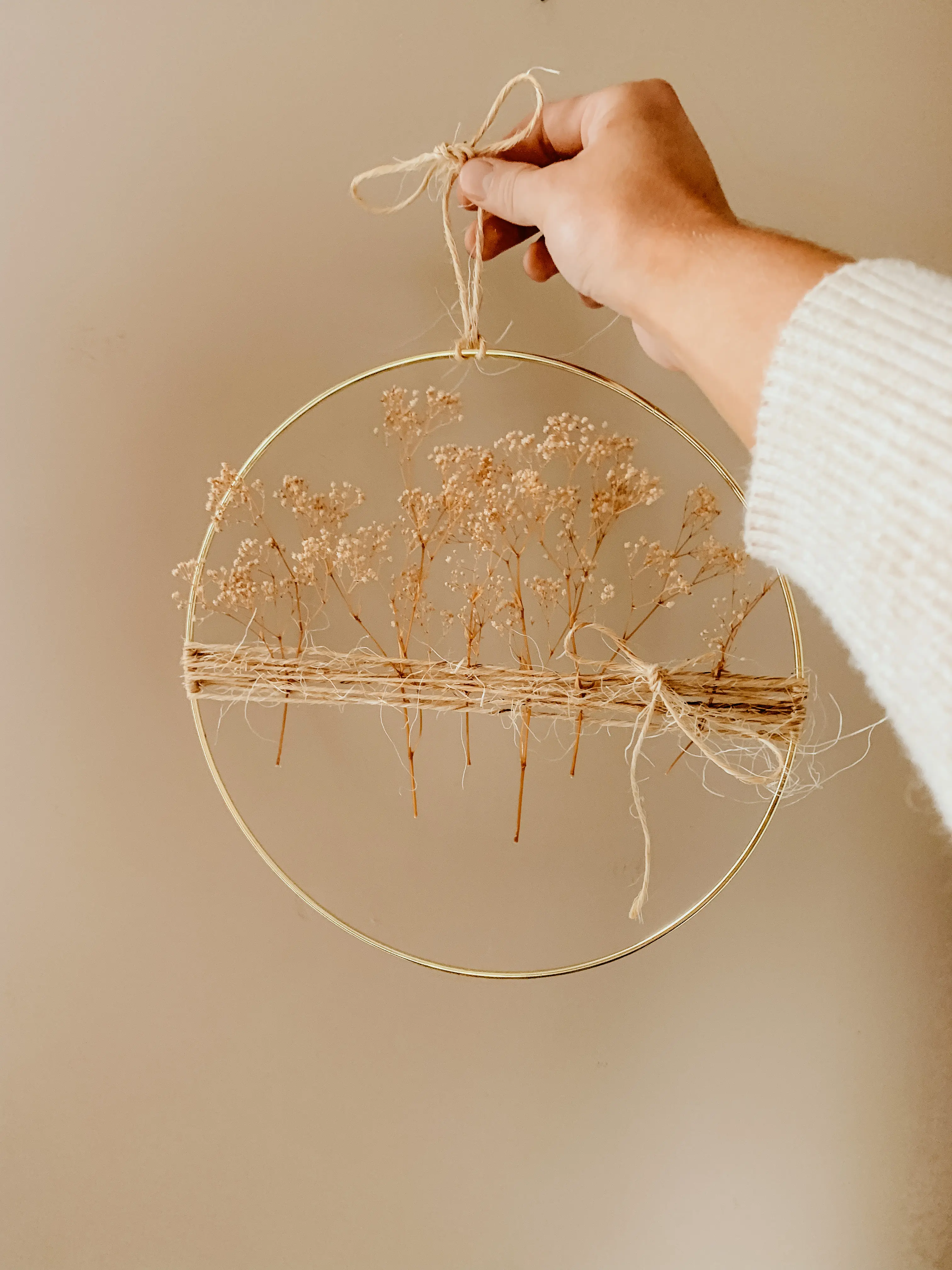 Dried Floral Wall Hanging - Natural Dry Flower Door Wreath - Lightweight, Hangable - Bohemian Home Decor - 10” Gold Metal Ring with Hanging String