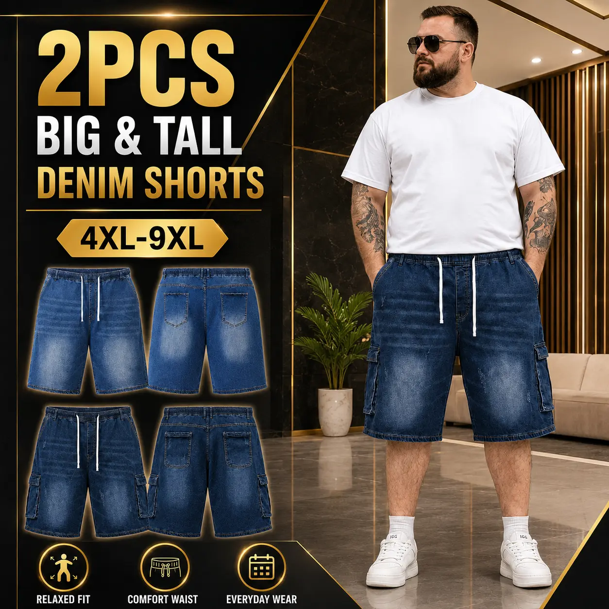 Men's Plus Size Denim Bottoms 2-Pack, Basic Casual 5-Inch Loose-Fit Shorts with Elastic Drawstring Waist & Multiple Pockets
