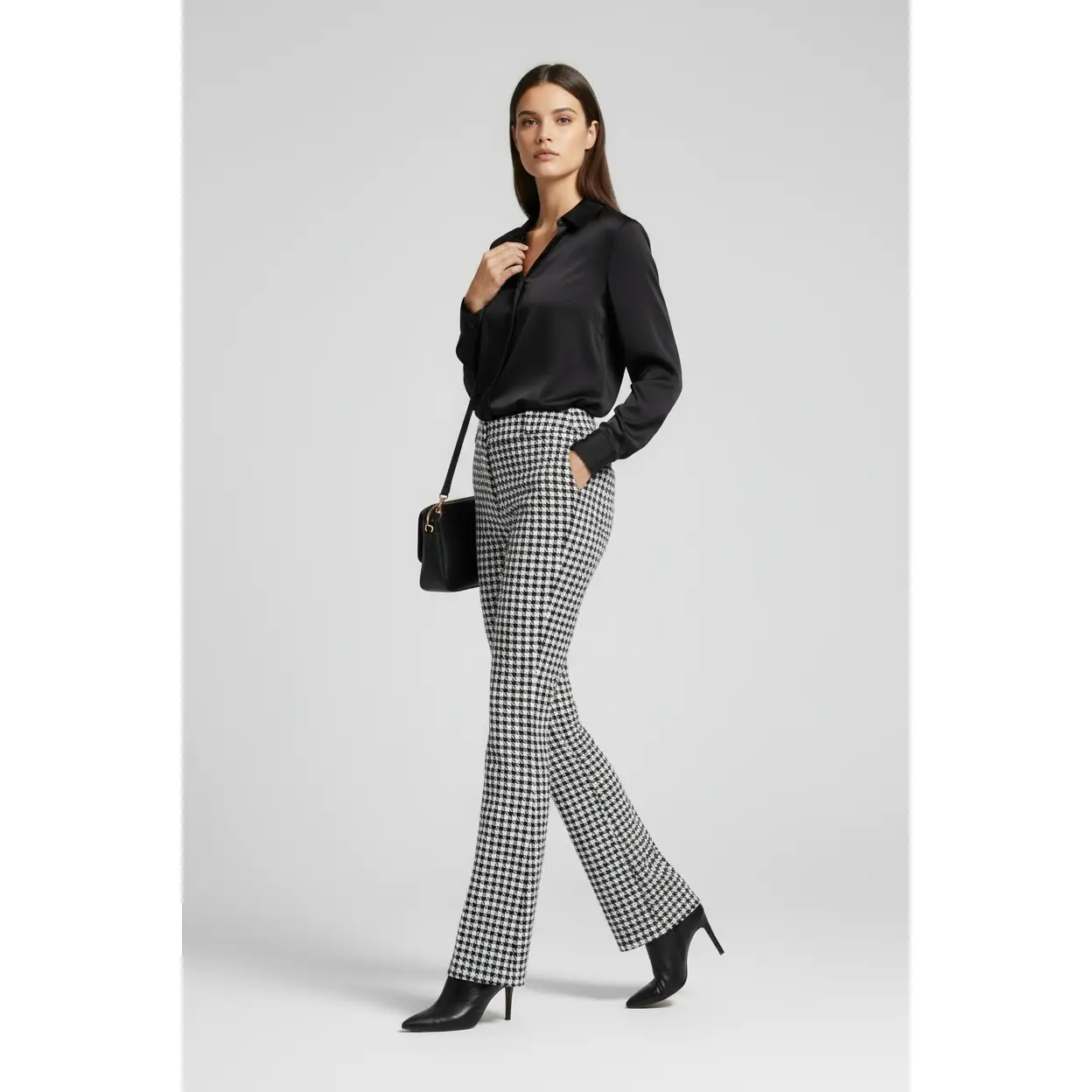 Women's LuLaRoe Emery Houndstooth Ponte Wide Leg Pants - High Wide Waist, 3-Button Zipper Closure, Belt Loops, Buckle, Pockets, Spandex Blend, Nylon, Rayon, Black White Houndstooth, Fashionable Comfortable Bottoms