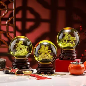 Chinese Zodiac Collectible Crystal Ball, 3D Laser Etched Inside with Wooden Base, Amber Glass Orb Home Decor, Lunar New Year Good Luck Charm Gift