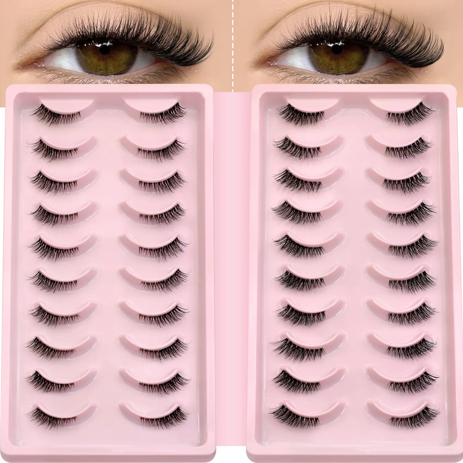 GROINNEYA 20 Pairs Cat Eye Half Eyelashes Natural Wispy Semi-Lashes False Eyelashes Faux Mink, Volume Fluffy Lashes, Wispy Volume Set, Makeup, Thin Spiky Half Lashes With Transparent Stem, Winged End Eye Elongated, Suitable For Dates And Parties, Reusable