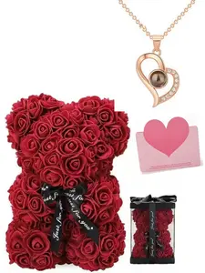 Handmade Eternal Flower Rose Bear Projection Necklace Gift Set, Valentine's Day, Mother's Day, Christmas Gifts for Loved Ones