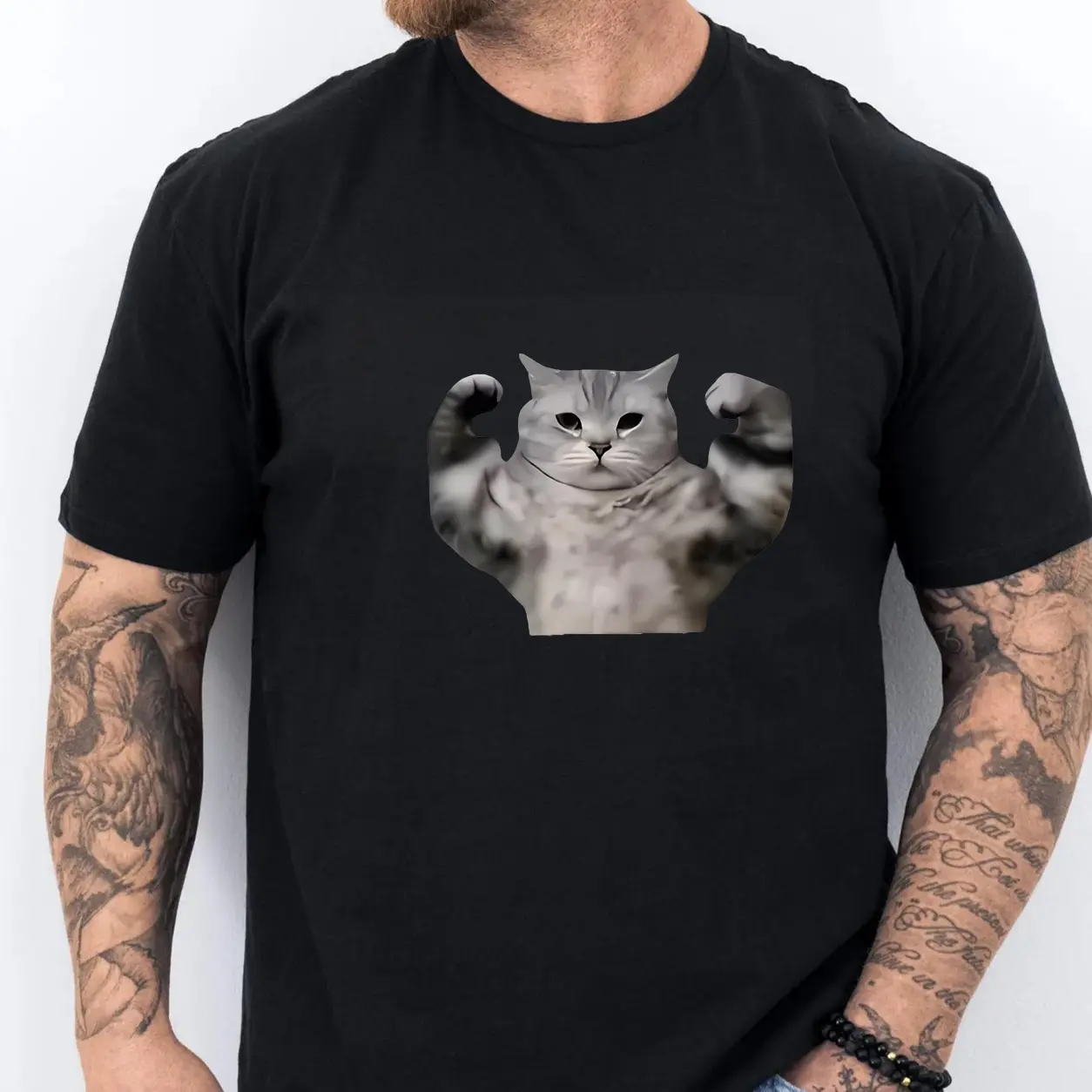Unisex Pure Cotton T-shirt Men Funny Strong Fitness Cat Print Universal Couple Short Sleeve Tee