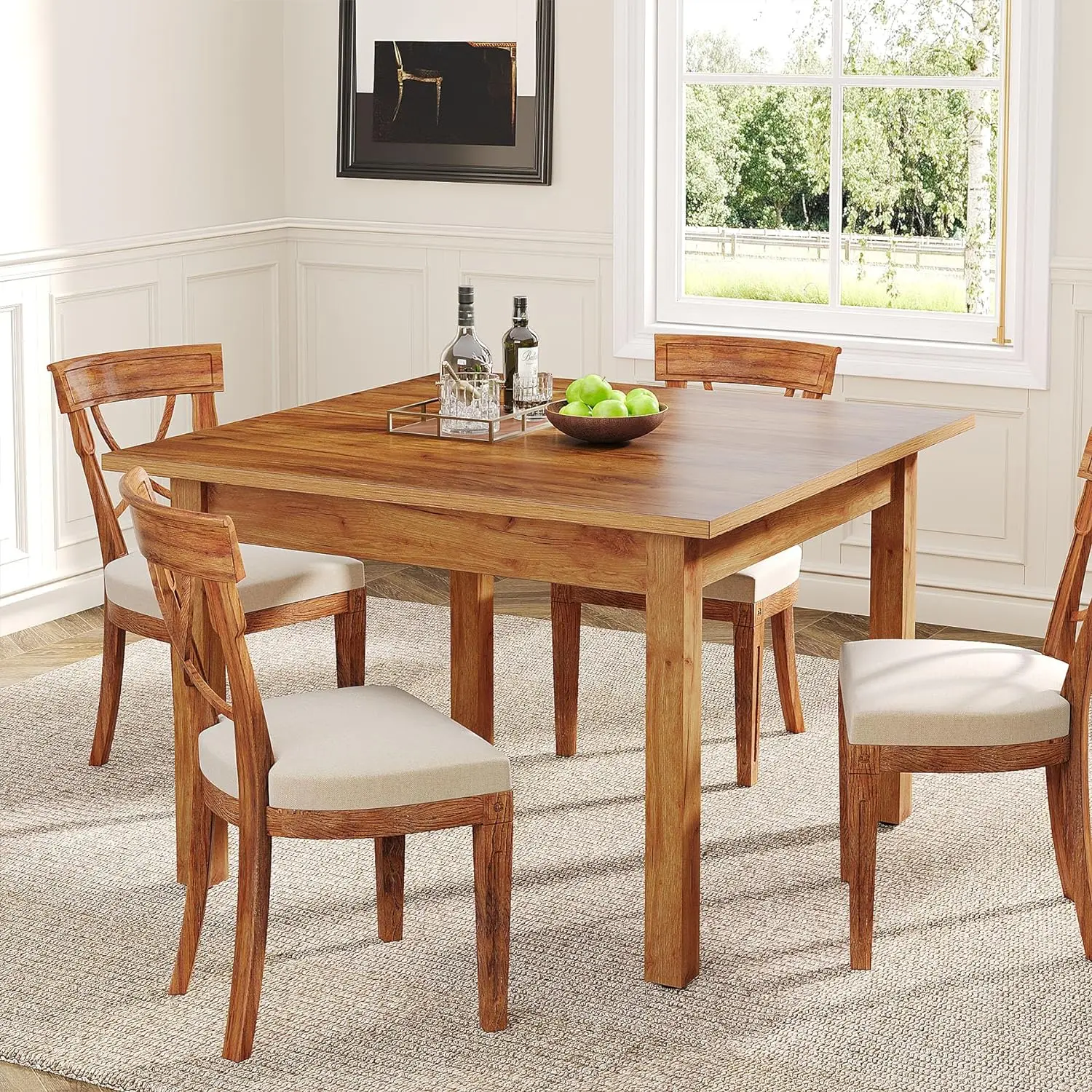 LITTLE TREE 39.4 Inches Square Dining Table for 4 People, Wooden Kitchen Table with Oak Finish Top and Solid Wood Legs (Without Chair)
