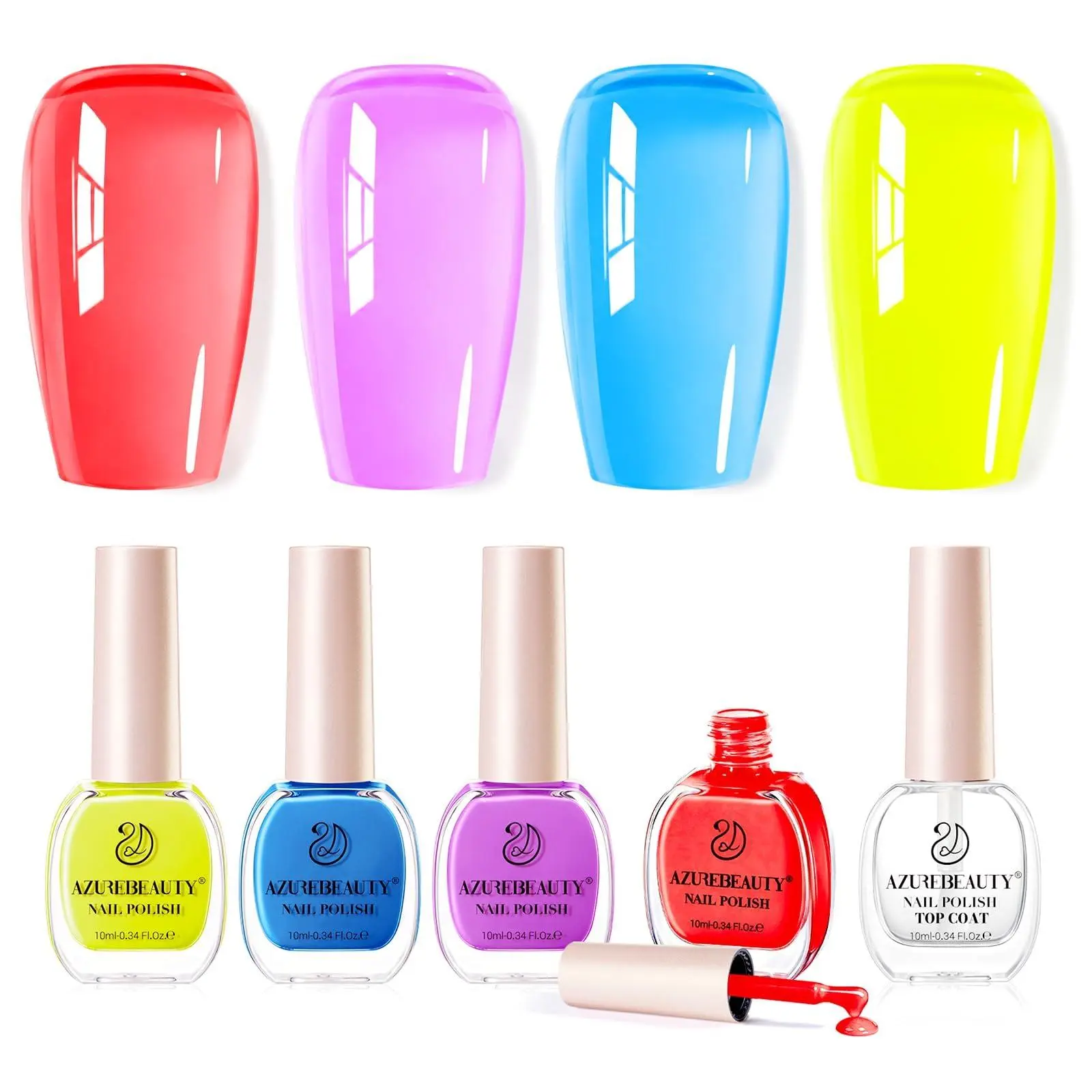 AZUREBEAUTY Neon Fingernail Polish Set - 4 Bright Summer Shades (Jelly Pink, Purple, Blue, Yellow) - Fluorescent Nail Art Kit for Natural Nails, DIY Manicure Gift for Women
