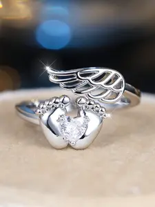 Exquisite Angel Wing Footprint Rings - Synthetic Zirconia Inlay Stackable Rings for Women & Girls Holiday Party Engagement, Perfect for Daily Wear Jewlry Accessories Anniversary Mother's Day Gift Sparkling Zircon Inlay