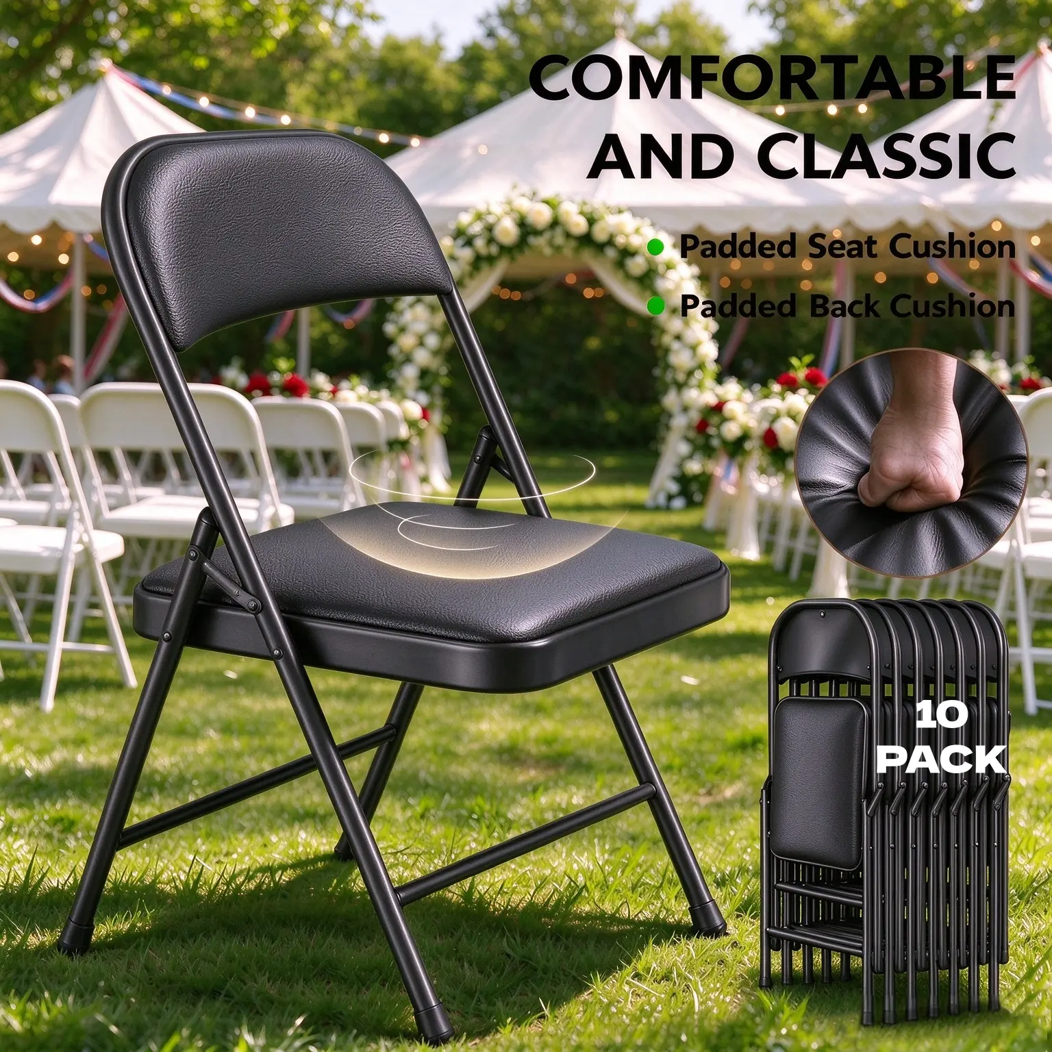 Heavy-Duty PU Leather Folding Chairs with Padded Seats for Outdoor & Indoor, Portable Stackable Commercial Seat with Steel Frame for Events Home Dinner Wedding Party Picnic, Color Khaki and Black