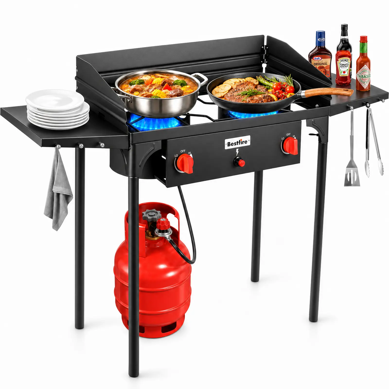 BESTFIRE 150KBTU 2 Burner Propane Camp Stove – Heavy-Duty Outdoor Stove with Removable Legs Side Shelves & Regulator – Perfect for Camping, Backyard Grilling & Turkey Frying picnic barbecue ignition gas cooking brewing patio seafood boil