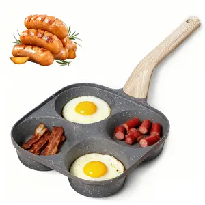 Non-Stick 4-Hole Round Egg Pan, Granite-Style Pancake Skillet with Wooden Handle, Small Frying Pan for Eggs, Omelets, Toast, Pancakes, Crepes, Sandwiches, Breakfast polka dot cooker suitable healthy omelet non-stick cookware Wood-Handled Nonstick maker