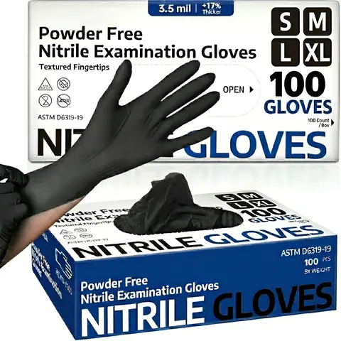 100PCS Black Nitrile Gloves Durable Waterproof and Disposable Latex-Free Gloves, Ideal for Cooking, Bathroom, Kitchen Cleaning, Mechanics, Pet Care, Medical, Tattooing, Car Repair, Gardening, Manicure, Beauty Salon and Food Prep