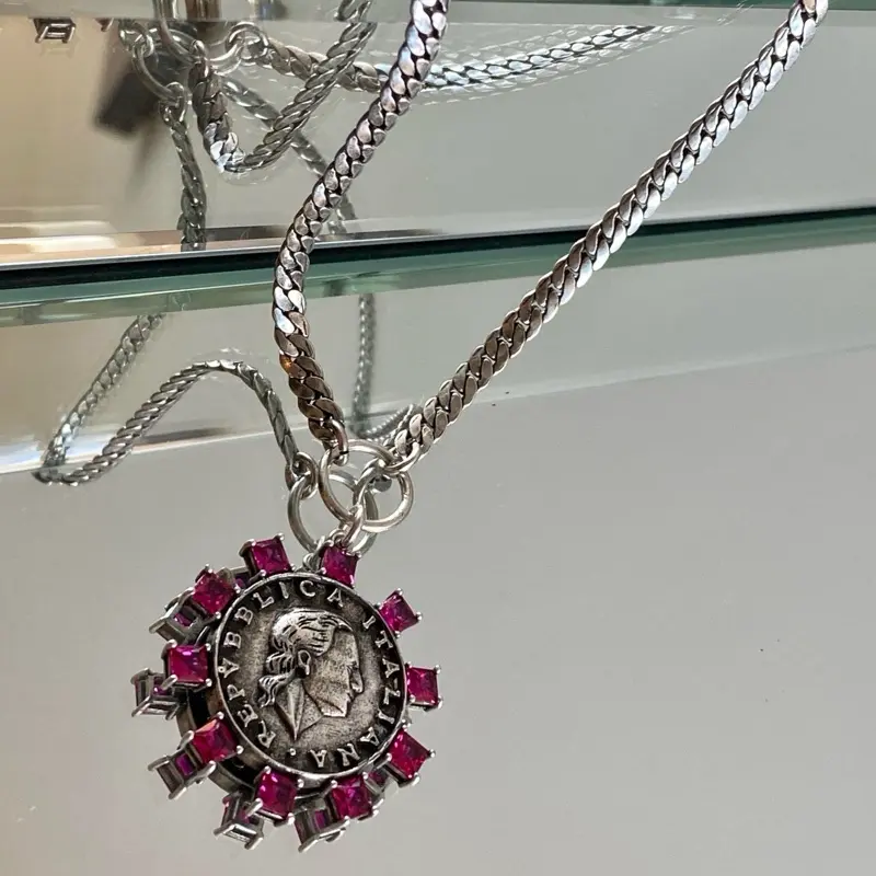 Italia Coin Pendant Necklace - Vintage Italian Coin Necklace with Antique Gold & Silver Plated Over Brass, 16" + 2" Extender, Fuchsia Zircon
