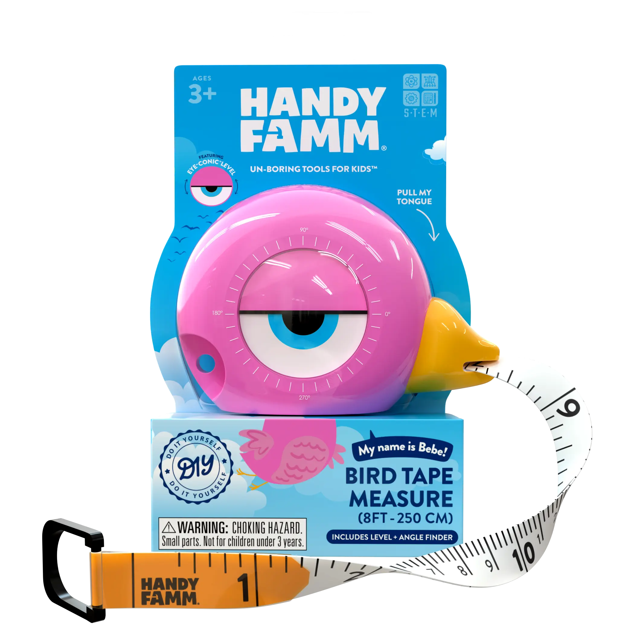 "Bebe" Handy Famm Pink Bird Tape Measure - 8ft Measuring Tape, Leveler, Angle Finder