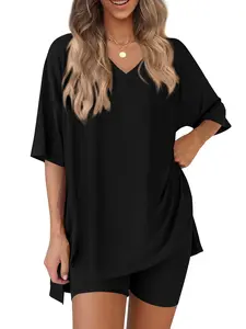 Women's 2 Piece Outfits Casual V Neck Oversized T-Shirt and Biker Shorts Set Summer Loungewear Matching Tracksuit