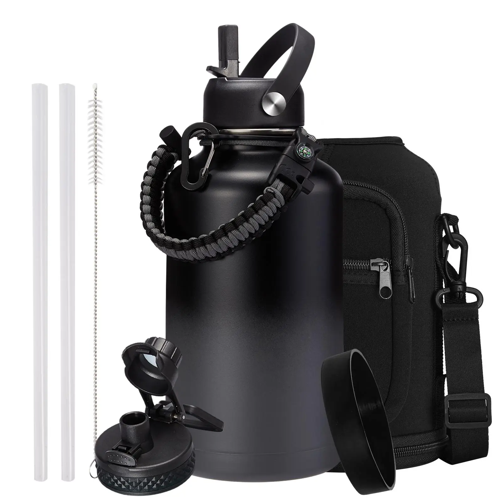 64/40/32OZ Water Bottle Stainless Steel - Cold-48H & Hot-24H Vacuum Insulated Gallon Water Bottle with Straw & Chug Lid, Strap Carrying Pouch, Paracord Handle & Flask Boot, Thermo Hydro Bottle for Hiking Cycling