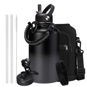 64/40/32OZ Water Bottle Stainless Steel - Cold-48H & Hot-24H Vacuum Insulated Gallon Water Bottle with Straw & Chug Lid, Strap Carrying Pouch, Paracord Handle & Flask Boot, Thermo Hydro Bottle for Hiking Cycling