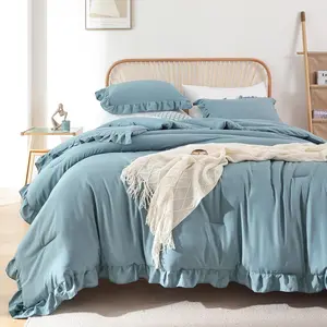 King Size Comforter Mineral Blue Ruffle Comforter 3PCS Fluffy Boho Comforter Vintage Farmhouse Comforter with 2 Pillowcases for