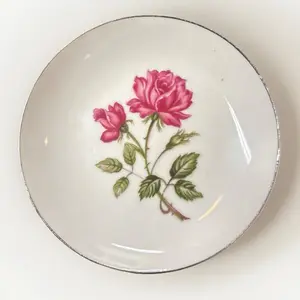 Vintage Japanese Floral Ring Tray Cottagecore Vanity Dish Silver Trim 4.5" with Pink Rose Design