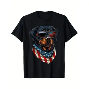 Patriotic Rottweiler American Flag Bandana Graphic T Shirt Mens Cotton Crew Neck Tee Stretchy Comfortable Summer Casual Wear Plus Size