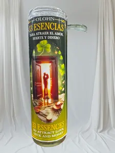 veladora preparada 33 esencias Olofin 33 Essences Spiritual Candle for Love, Luck and Money Attraction, 7-Day Glass Prayer Candle with Spanish and English Text