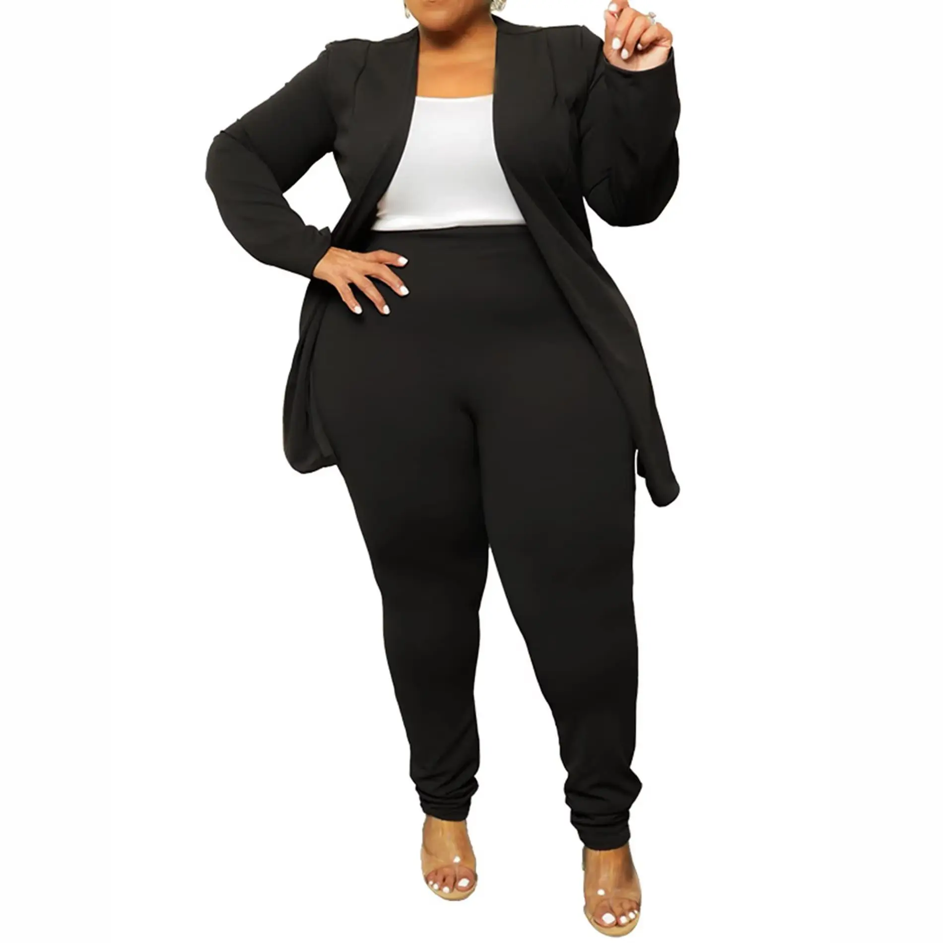 Acelyn Plus Size Outfits Women's Plus Size Two Piece Open Front Long Sleeve Blazer and Elastic Waist Solid Pant Set Suit