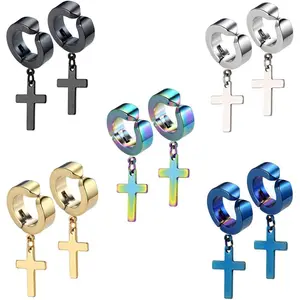 5 Pairs Stainless Steel Cross Earrings Set for Men Women Non-piercedEarrings Ear Clip Cross hoop Earrings