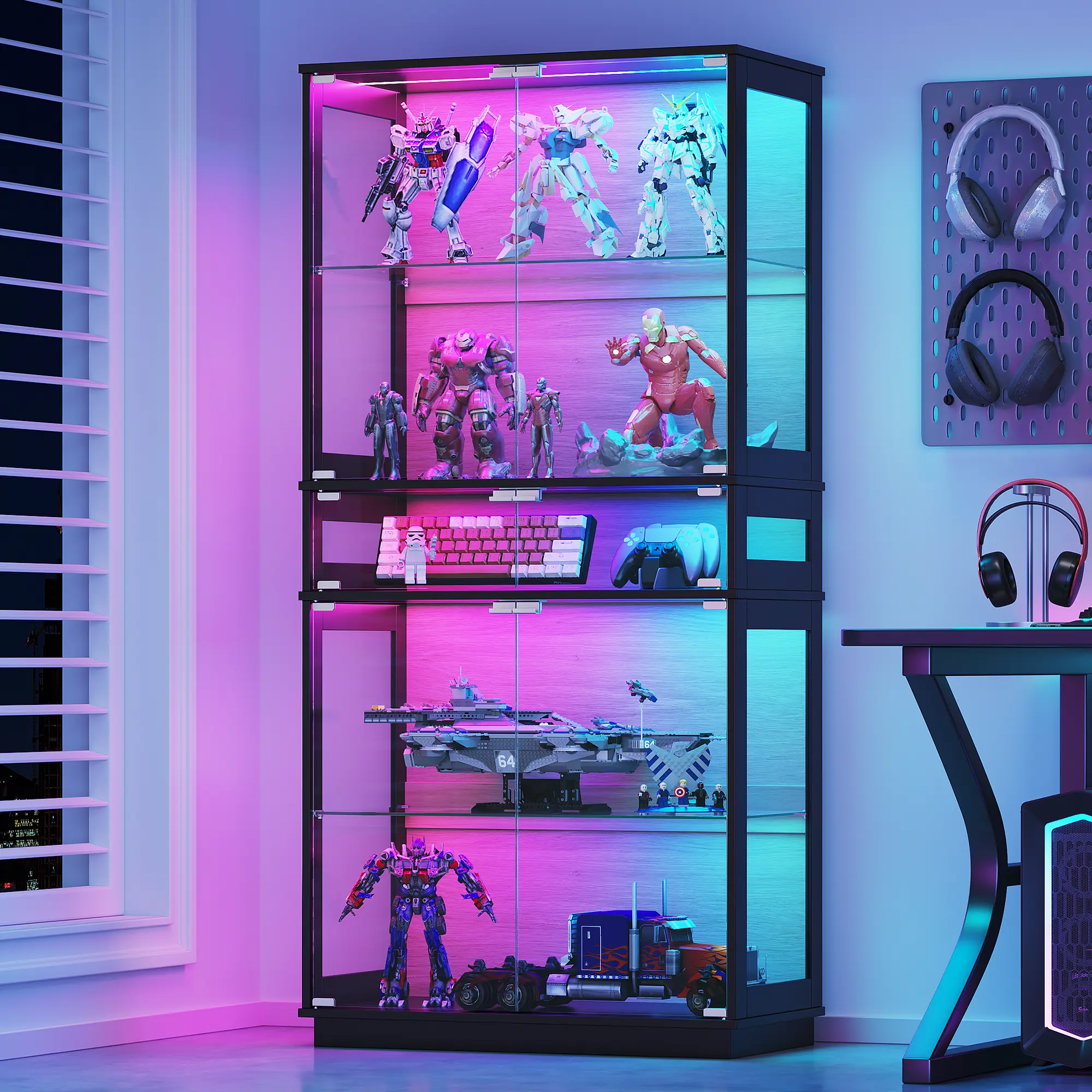 Glass Display Cabinet with RGB Lights, 5-Shelf Curio Cabinet for Collectibles, Action Figures, Floor Standing Trophy Case for Living Room Home Office Gaming Room