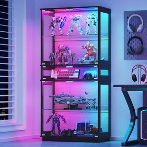 Glass Display Cabinet with RGB Lights, 5-Shelf Curio Cabinet for Collectibles, Action Figures, Floor Standing Trophy Case for Living Room Home Office Gaming Room