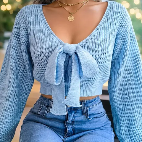 Women's Plain Bow Decor Tie Front Fitted Crop Knitted Sweater, Tops, Basic Casual Fashion Chic Feminine Long Sleeve Bishop Sleeve V Neck Jumper for Fall & Winter, Women's Knitwear for Daily Wear Knitting Elegant Casual Knitwear