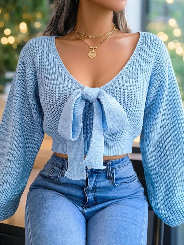 Women's Plain Bow Decor Tie Front Crop Sweater, Casual Chic Bishop Sleeve V Neck Jumper for Fall & Winter, Women's Knitwear for Daily Wear