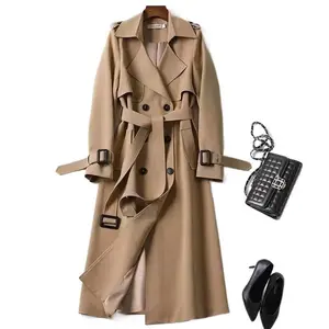 Women's Versatile Solid Color Notch Lapel Double Breasted Detachable Belt Trench Coat, Fall & Winter Wrap Tie Waist Outerwear Jacket, Mid-Length Trench Coat Can be used with a raincoat