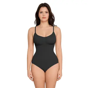 NEWMO Women's Seamless Shapewear Set Scoop Neck Jumpsuit and Thong with Adjustable Spaghetti Straps for Slimming Fit Sleeveless Covered Bust Bodysuit