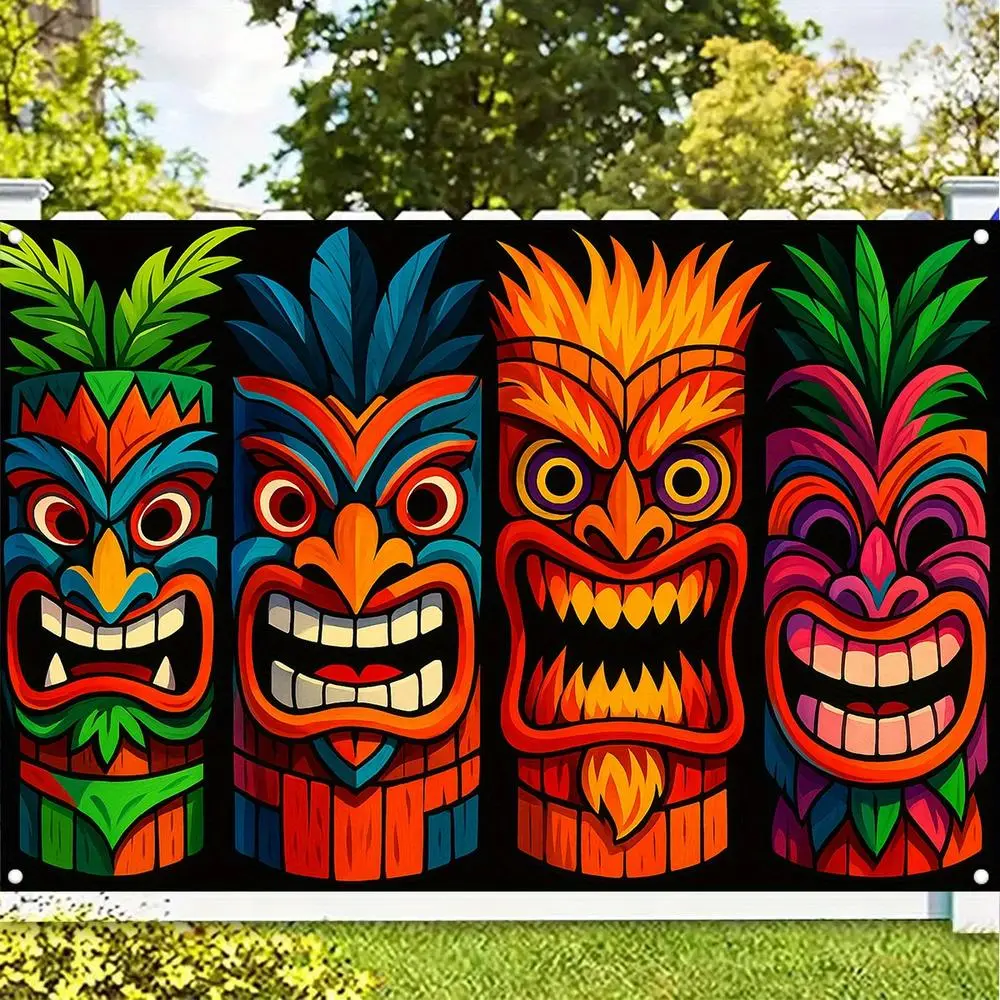 Durable Polyester 2D Flat Colorful Tiki Mask Array Backdrop Banner - 1pc Tiki Totem Pole Design Decoration for Hawaiian Theme Birthday Celebrations & Photo Booth Use, Banners,summerwins