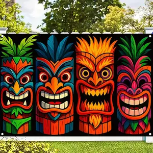 1pc 2D Flat Colorful Tiki Mask Array Durable Polyester Hawaiian Theme Party Backdrop Tiki Totem Pole Design 2025 Birthday Wedding Pool Beach Bar Celebration Decor Ideal for Photo Booth & Home Garden Musical E Banners