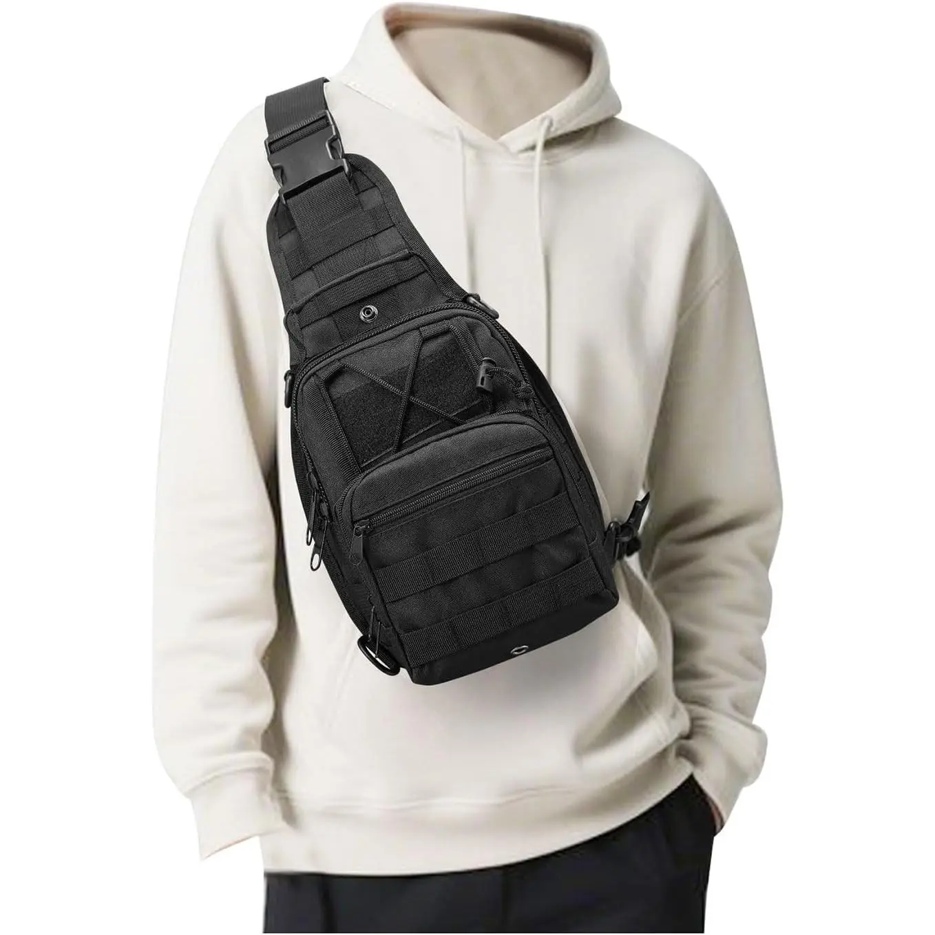 Tactical compact crossbody bag, EDC chest bag, large-capacity shoulder bag, made with Molle system, 1000D Oxford cloth, abrasion-resistant and waterproof, unisex shoulder bag, suitable for outdoor sports, hiking, camping and everyday use.