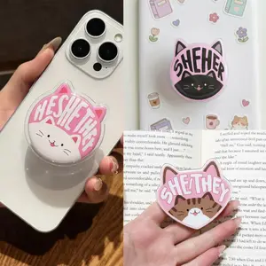Cute Cat Pronoun She/They MagSafe Phone Grip – Kawaii Kitty Pop Socket, Magnetic Kickstand, Aesthetic Pride Gift
