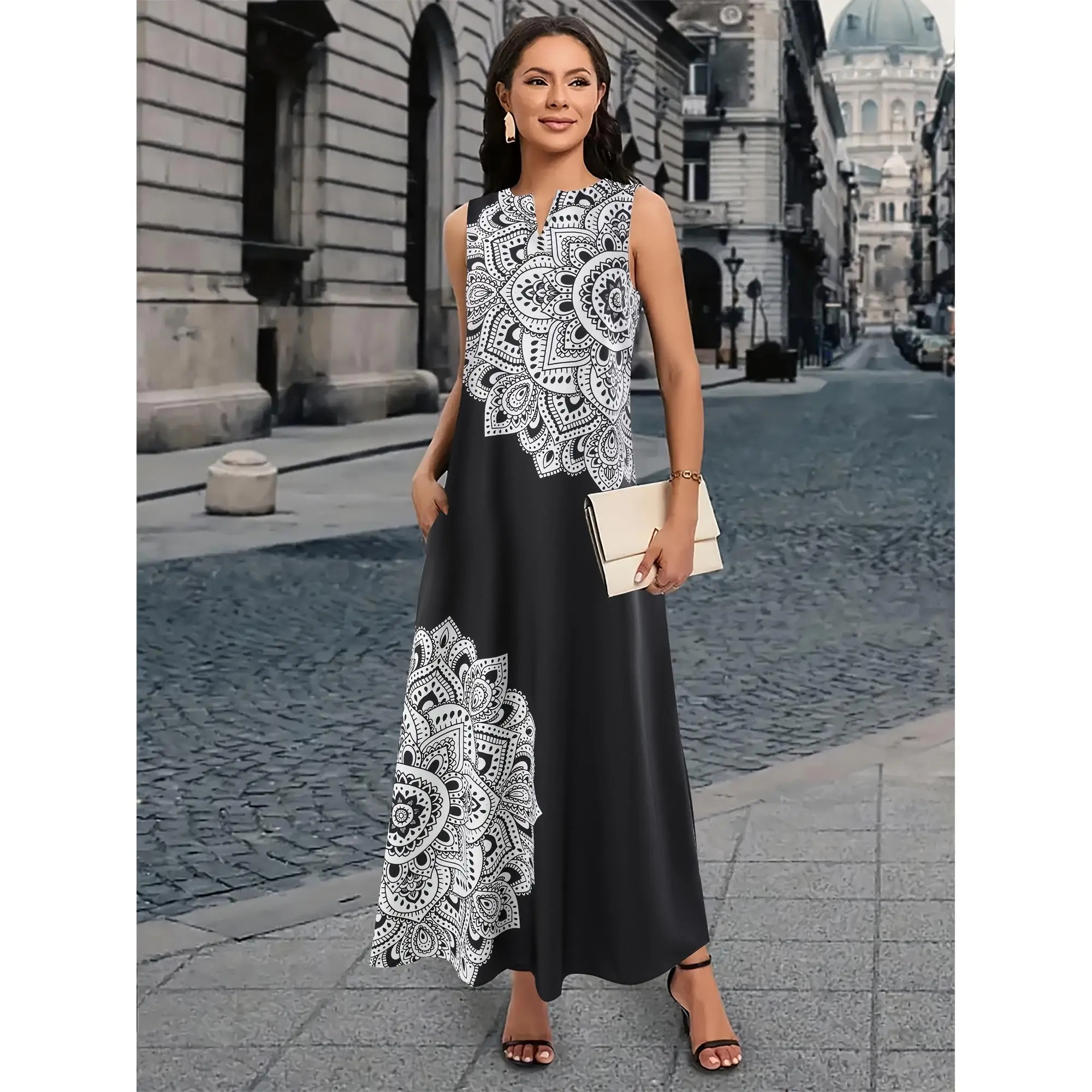 2024Women's Polyester Kaftan Dress with Tribal Print - Middle Eastern Style Tent Silhouette, Notched Collar, Sleeveless, Long Length with Pockets - Al