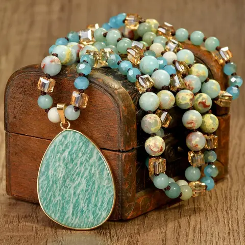 Bohemian Style Natural Stone Amazonite Pendant Design Long Necklace for Women, Exquisite Vintage Handmade Jewelry with Luxurious Aesthetic, Bead Accents, All Seasons Casual Accessory, Timeless Appeal, Unique Pendant