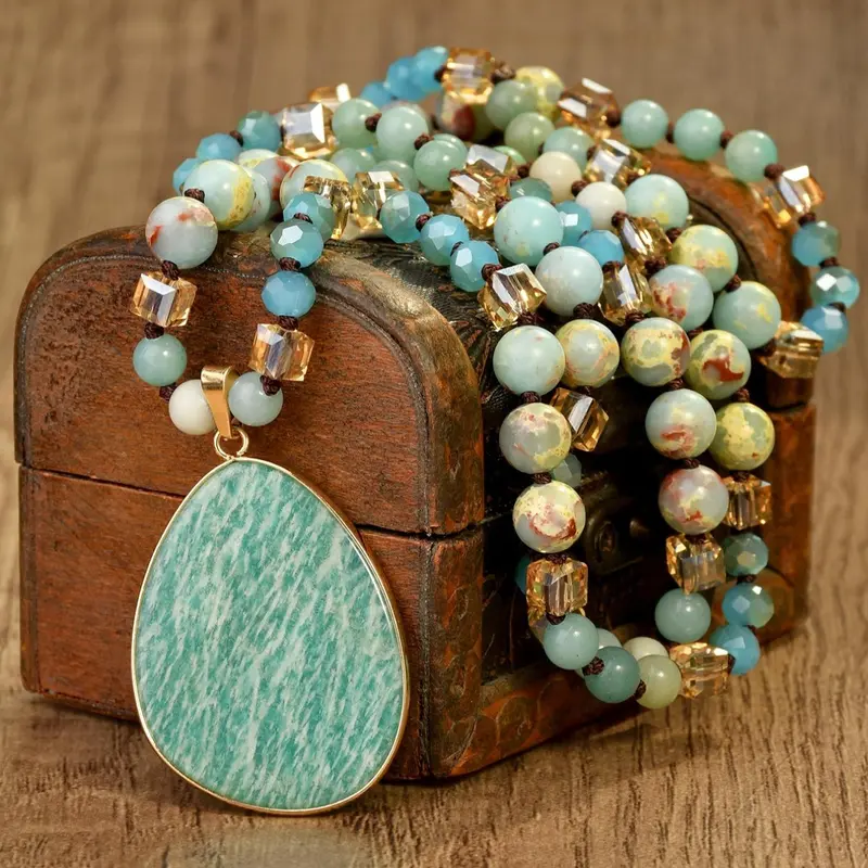 Bohemian Style Natural Stone Amazonite Pendant Design Long Necklace for Women, Exquisite Vintage Handmade Jewelry with Luxurious Aesthetic, Bead Accents, All Seasons Casual Accessory, Timeless Appeal, Unique Pendant