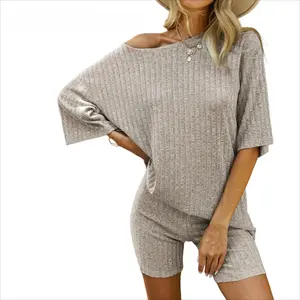Ribbed Knit pajama sets for Women Oversized Short Sleeve Tee and Stretch bike shorts, Breathable matching set for Lounge, Sleepwear, Home and Casual Outdoor Wear