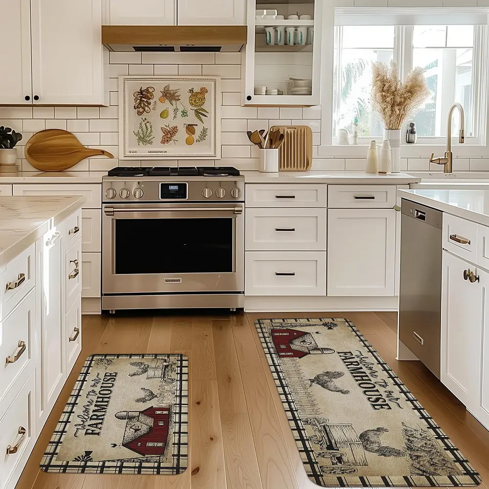 Vintage Farmhouse Rooster Kitchen Mat Set, 1/2-Piece Rustic Red Barn & Wheat Print, Multi-Size Absorbent Barn-Themed Rugs, Machine-Washable Stain-Resistant Polyester Floor Decor for Kitchen, Entryway, Absorbent Kitchen Rugs, Barn-Themed Kitchen Rugs